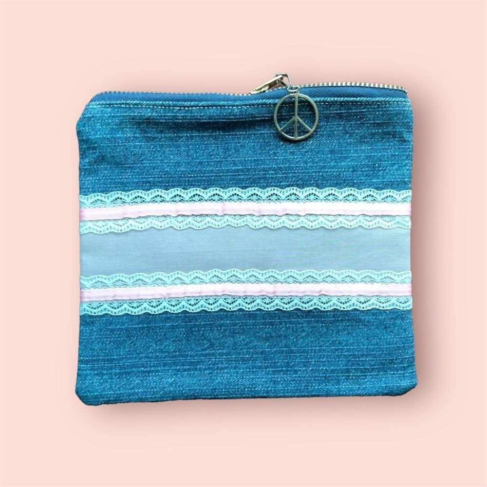 Pink Lace on Denim Small Zippered Pouch Makeup Bag NEW Last One Left